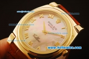 Rolex Cellini Swiss Quartz Yellow Gold Case with Pink MOP Dial and Brown Leather Strap-Roman Markers