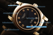 Rolex Cellini Swiss Quartz Steel Case with Dark Blue Dial and Black Leather Strap-Lady Size