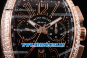 Franck Muller Vanguard Miyota OS20 Quartz Rose Gold Case with Black Dial Black Leather Strap and Diamonds Bezel