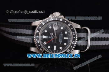 Rolex GMT-Master Asia 2813 Automatic Steel Case with Black Dial Black/Grey Nylon Strap and Dot Markers