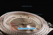 Rolex Day Date Oyster Perpetual Swiss ETA 2836 Automatic Movement Silver/Diamond Dial with Diamond Bezel and Black Roman Numeral Marker-Diamond/Steel Strap