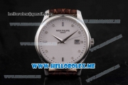 Patek Philippe Calatrava Miyota Quartz Steel Case with White Dial and Brown Leather Strap Diamonds Markers