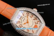 Franck Muller Heart Swiss Quartz Steel Case with Orange Leather Strap Diamond Bezel and White Dial - ETA Coating