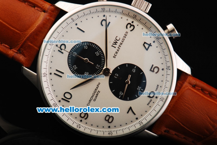 IWC Portuguese Chronograph Quartz Movement White Dial with Steel Arabic Numerals and Brown Leather Strap - Click Image to Close