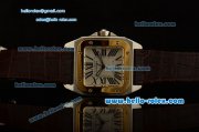 Cartier Santos 100 Medium Swiss Quartz Steel Case Gold Bezel with Brown Leather Strap White Dial Roman Markers ETA Coating