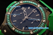 Hublot Big Bang Chronograph Swiss Valjoux 7750 Automatic Movement PVD Case with Green Diamond Bezel and Green Rubber Strap