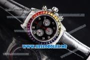 Rolex Daytona Rainbow Swiss Valjoux 7750 Automatic Steel Case with Black Dial and Black Leather Strap Diamonds Markers (GF)