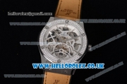 Hublot Classic Fusion Skeleton Asia Automatic Steel Case with Skeleton Dial Diamonds Bezel and Brown Leather Strap