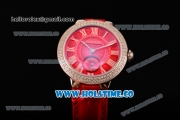 Cartier Ballon Bleu De Small Swiss Quartz Steel Case with Diamonds Bezel Red Dial and Red Leather Strap - White Markers