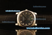 Rolex Cellini Swiss Quartz Steel Case with Black MOP Dial and Black Leather Strap-Diamond Markers