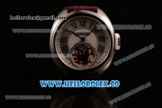 Cartier Cle de Cartier Swiss Tourbillon Manual Winding Steel Case with White Dial and Purple Leather Strap