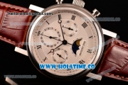 Breguet Grande Complication Moon Phase Chrono Venus 7750 Manual Winding Steel Case with White Dial Brown Leather Strap and Roman Numeral Markers (GF)