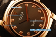 Rolex Cellini Swiss Quartz Rose Gold Case with Brown Dial and Black Leather Strap-Diamond Markers