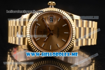 Rolex Day-Date Clone Rolex 3255 Automatic Yellow Gold Case/Bracelet with Yellow Gold Dial and Stick Markers