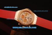 Hublot MDM Chronograph Swiss ETA Quartz Rose Gold Case with Diamond Bezel and Pink MOP Dial-Red Rubber Strap