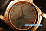 Rolex Cellini Swiss Quartz Rose Gold Case with Green MOP Dial and Black Leather Strap-Numeral Markers