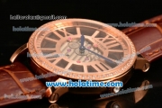 Cartier Rotonde De Swiss Quartz Rose Gold Case with Diamonds Bezel Skeleton Dial and Brown Leather Strap