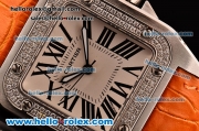 Cartier Santos 100 Medium Japanese Miyota OS2035 Quartz Steel Case with Orange Leather Strap Diamond Bezel and White Dial