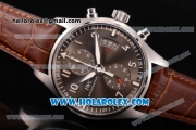 IWC Pilot's Watch Spitfire Chronograph Swiss Valjoux 7750 Automatic Steel Case with Grey Dial Arabic Numeral Markers and Brown Leather Strap