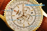 Breitling Navitimer Chronograph Miyota Quartz Movement Gold Case with White Dial and Gold Bezel-Brown Leather Strap