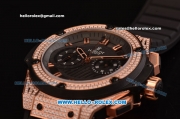 Hublot King Power Swiss Valjoux 7750 Automatic Rose Gold/Diamond Case with Black Dial and Black Rubber Strap