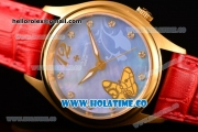 Vacheron Constantin Metiers d'Art Swiss ETA 2824 Automatic Yellow Gold Case with Blue MOP Dial Red Leather Strap and Diamonds Markers