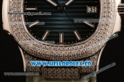 Patek Philippe Nautilus Miyota 9015 Automatic Diamonds/Steel Case with Blue Dial Diamonds Bezel and Green Leather Strap (AAAF)