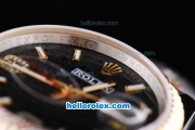 Rolex Datejust New Model Oyster Perpetual Two Tone with Gold Bezel and Black Rolex Logo Dial