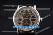 Cartier Ronde De MoonPhase Swiss Tourbillon Manual Winding Steel Case with Skeleton Dial and Black Leather Strap White Inner Bezel