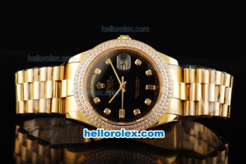 Rolex Day-Date II Automatic Movement Full Gold with Double Row Diamond Bezel-Black Dial and Diamond Markers