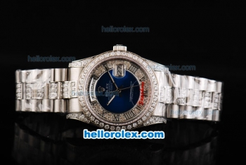 Rolex Day-Date Automatic Movement Full Steel with Blue Dial-Roman Markers and Diamond Bezel