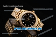 Rolex Day-Date Swiss ETA 2836 Automatic Yellow Gold Case/Bracelet with Black Dial and Stick Markers Diamonds Bezel (BP)