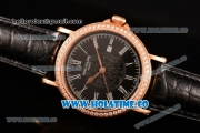 Patek Philippe Calatrava Miyota Quartz Rose Gold Case with Diamonds Bezel and Black Dial - White Roman Numeral Markers