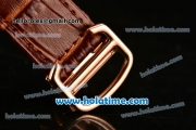 Cartier Rotonde De Swiss Quartz Rose Gold Case with Diamonds Bezel Skeleton Dial and Brown Leather Strap