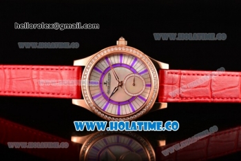 Jaeger-LeCoultre Lady Miyota Quartz Rose Gold Case with White MOP Dial Purple Stick Markers and Red Leather Strap - Diamonds Bezel