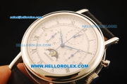 Breguet Moon Phase Lemania Manual Winding Working Chronograph Steel Case with White Dial and Black Leather Strap