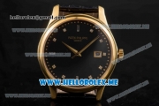 Patek Philippe Calatrava Miyota Quartz Yellow Gold Case with Black Dial and Black Leather Strap Diamonds Markers