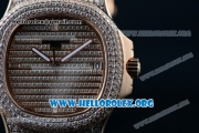 Patek Philippe Nautilus Miyota 9015 Automatic Rose Gold Case with Diamond Dial and Brown Leather Strap