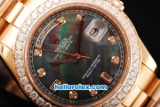 Rolex Day Date II Automatic Movement Full Rose Gold with Diamond Bezel-Diamond Markers and Black MOP Dial