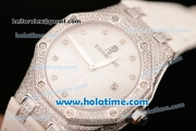 Audemars Piguet Royal Oak Ladies Swiss Quartz Steel/Diamond Case with White Leather Bracelet and White Dial - 1:1 Original