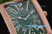 Franck Muller Long Island Swiss Quartz Rose Gold Case Diamond Bezel with Green Leather Strap and Green Dial