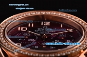 Omega Speedmaster Chrono Swiss Quartz Rose Gold Case Diamond Bezel with Purple Leather Strap and Purple Dial Numeral Markers