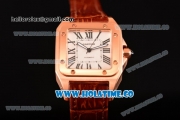 Cartier Santos 100 Large Rose Gold Case with White Dial Brown Leather Strap and Black Roman Numeral Markers