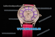 Jaeger-LeCoultre Lady Miyota Quartz Steel Case with White MOP Dial Purple Stick Markers and Hot Pink Leather Strap - Diamonds Bezel