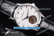 Jaeger-LECoultre Master Ultra Thin Tourbillon Swiss Tourbillon Manual Winding Steel Case with White Dial Stick Markers and Black Leather Strap