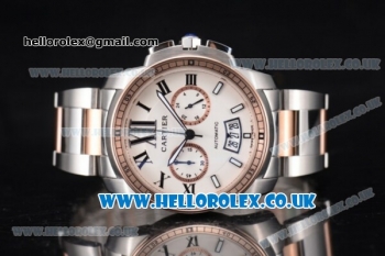 Cartier Calibre de Cartier Chronograph Miyota OS20 Quartz Steel Case with White Dial Two Tone Bracelet and Rose Gold Bezel