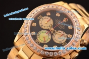 Rolex Daytona Swiss Valjoux 7750-SHG Automatic Gold Case/Strap with Diamond Bezel - Black Dial