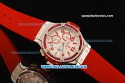 Hublot Big Bang Chronograph Miyota Quartz Movement White Dial with Red Markers and Pink Diamond Bezel - Red Rubber Strap