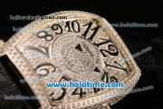 Franck Muller Cintree Curvex Ronda 762 Quartz Steel/Diamond Case with Diamond Dial and Black Leather Strap