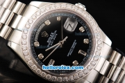 Rolex Day Date II Automatic Movement Full Steel with Diamond Bezel-Diamond Markers and Black Dial